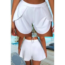 Miss Maral Kadın Beyaz Deniz Havuz Şortu Etek Görünümlü Yırtmaçlı Şık Model Summer Beach Short HB11100