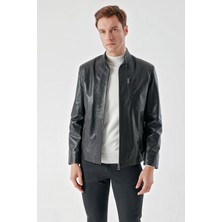  Erkek Siyah Ibiza Motorcu Kısa Deri Mont