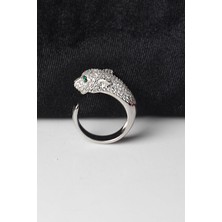 Ayarlanabilir Kaplan Figürlü Yüzük  Zümrüt Rengi Zirkon Taşlı  925 Ayar Gümüş Yüzük