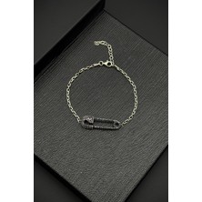 Frnch 925 Ayar Gümüş Çengelli Iğne Model Siyah Zirkon Taşlı Erkek Bileklik FRJ12185-3185-S2