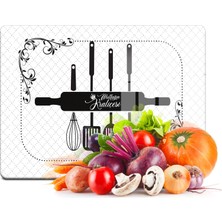 Decovetro Cam Kesme Tahtası ve Sunum Tablası Mutfak Kraliçesi Desenli