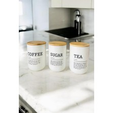 3 Lü Bambu Kapaklı Çay, Kahve, Şeker Kavanozu -  Beyaz Cam Tea Sugar Coffee Saklama Seti