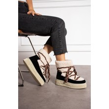 Shoetek Luinsa Kadın Bot Dışı Kürklü Süs Bağcıklı Bej Siyah Süet