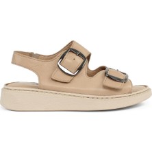 Celal Gültekin Kadın Bej Çift Tokalı Deri Sandalet