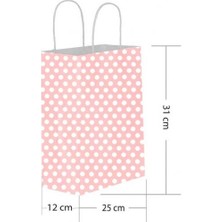 Partici Pembe Puantiyeli Büküm Saplı Kağıt Çanta 25X31CM 25AD.