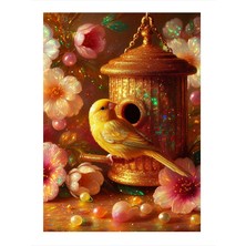 Tablomega Sarı Serçe Ve Pembe Çiçekler Ahşap Tablo 25cmx 35cm