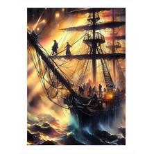 Tablomega Dalgalı Denizde Gemi Ve Korsanlar Dekoratif Ahşap Tablo 35cm X50cm