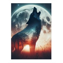 Tablomega Ay Işığında Uluyan Kurt Dekoratif Ahşap Tablo 18cm X 27cm