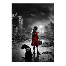 Tablomega Yıkılmış Binalar Ve Kırmızı Elbiseli Çocuk Art Mdf Tablo 18cm X 27cm