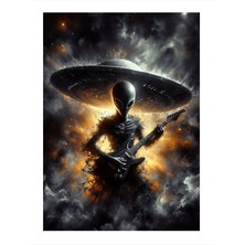 Tablomega Elektro Gitar Çalan Uzaylı Tasarım Mdf Tablo 18cm X 27cm