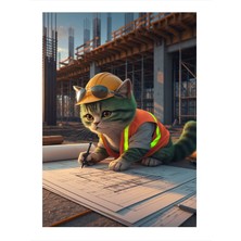 Tablomega Proje Çizen Yeşil Mühendis Kedi  Art Mdf Tablo 35cm X50cm