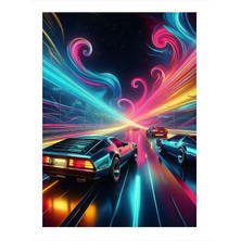 Tablomega Neon Işıklarla Yarış Arabaları Desenli Ahşap Tablo 25cmx 35cm
