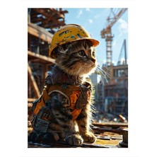 Tablomega Baret Takan Inşaatçı Kedi Modern Ahşap Tablo 18cm X 27cm