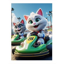 Tablomega Kediler Araba Yarışı Art Mdf Tablo 25cmx 35cm