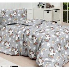 Mert Collection Çarşı Gri Unicorn Pamuklu Lastikli Çarşaflı (Fitted) Tek Kişilik Nevresim Takımı