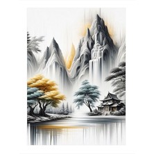 Tablomega Beyaz Dağ Ve Ev Manzarası  Modern Mdf Tablo 35cm X50cm