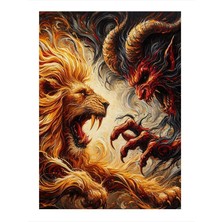 Tablomega Ateşli Aslan Ve Canavar Dövüşü Dekoratif Mdf Tablo 18cm X 27cm
