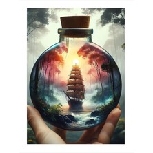 Tablomega Cam Fanusun Içinde Yelkenli Gemi Ve Orman Modern Ahşap Tablo 25cmx 35cm