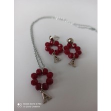 İnci Mode Kişiye Özel Harfli Kristal Boncuk Kolye Küpe Takı Seti Trend Hediyelik Bordo