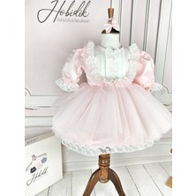 Hobidik Baby Kız Çocuk Pembe Tüllü Balon Kol Kabarık Elbise