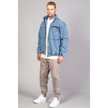 Little Cup Jeans Co Oversize Buz Mavi Yıkama Modelli Erkek Fermuarlı Bomber Kot Ceket