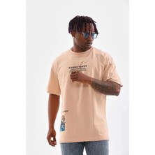 Tarz Yeri Unisex Bisiklet Yaka Baskılı Oversize T-Shirt - Bej