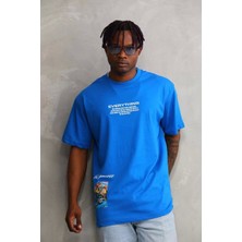 Tarz Yeri Unisex Bisiklet Yaka Baskılı Oversize T-Shirt - Mavi