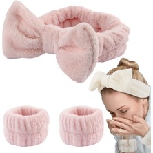 Toyaş Fiyonk ve Kolluklu Peluş Bandana Makyaj Spa Saç Bandı Pudra Pembe