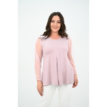 Koza Butik Kadın Büyük Beden Pileli V Yaka Tül Detaylı Bluz 1857-25