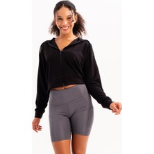 Justever Crop Kapüşonlu Fermuarlı Siyah Kadın Sweatshirt - Atria