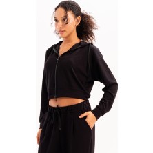 Justever Crop Kapüşonlu Fermuarlı Siyah Kadın Sweatshirt - Atria