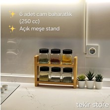 Tekir Store 6'lı Ahşap Baharatlık Standlı 6 Adet Cam Çift Taraflı Açılır Kapaklı Kavanoz 1. Sınıf Extra Çam