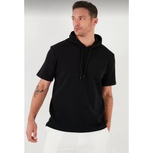 Tarz Yeri Unisex Kapşonlu Kısa Kol Düz Oversize T-Shirt - Siyah