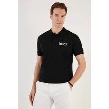 Tarz Yeri Yakası Düğmeli Yakalı Pike Baskılı T-Shirt - Siyah