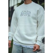 Tarz Yeri Üç Iplik Bisiklet Yaka Baskılı Sweatshirt - Beyaz