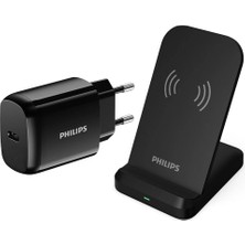 Philips Siyah 15W Kablosuz Dikey Hızlı Şarj Standı ve 25W Usb-C Duvar Şarj Adaptörü