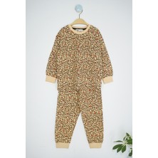 Bunny Hopp Kız Çocuk  Pamuklu Leopar Kalp Desenli Kahverengi Uzun Kollu  Pijama Takımı