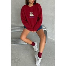 Dipmoda kadın bordo içi pamuklu nakış detaylı sweat DPG035