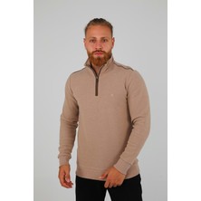 Erkek Dik Yaka Yarım Fermuarlı Selanik Bej Sweatshirt