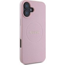 Guess iPhone 16 Plus Kılıf Guess Orjinal Lisanslı Magsafe Şarj Özellikli Yazı Logolu Grained Kapak Pembe