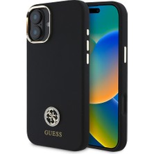 Guess iPhone 16 Plus Kılıf Lisans Yazı ve Taşlı 4g Logo Metal Kamera Çerçeveli Silikon Siyah