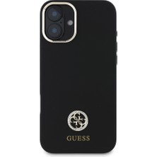 Guess iPhone 16 Plus Kılıf Lisans Yazı ve Taşlı 4g Logo Metal Kamera Çerçeveli Silikon Siyah