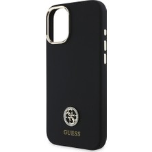 Guess iPhone 16 Plus Kılıf Lisans Yazı ve Taşlı 4g Logo Metal Kamera Çerçeveli Silikon Siyah