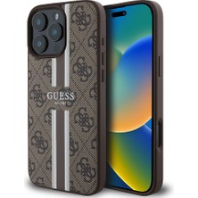 Guess iPhone 16 Pro Kılıf Guess Lisanslı Magsafe Şarj Özellikli 4g Şerit Tasarımlı Printed Kahverengi