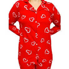 Kırmızı Kalpli Uzun Kollu 2 Parçadan Oluşan Pamuklu Yumuşak Dokulu Gecelik Takımı