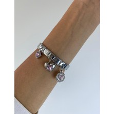 Kesmia Çelik Bileklik Charm 3li Kalpli Esnek Bileklik Sallantılı Charm