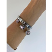 Kesmia Çelik Bileklik Charm 3li Kalpli Esnek Bileklik Sallantılı Charm