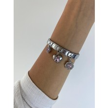 Kesmia Çelik Bileklik Charm 3li Kalpli Esnek Bileklik Sallantılı Charm