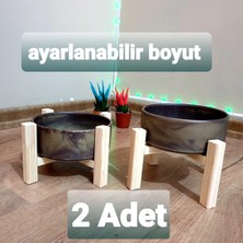 2 Adet Ahşap Standlı Seramik Kedi Köpek Mama Kabı Çift Yönlü Kullanım 2 Farklı Yükseklik Dayanıklı