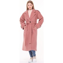 Dipmoda kadın kuşaklı oversize yün kaşe kaban DPPLTN02 - Gül Kurusu